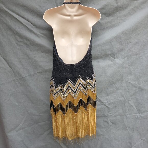 Vintage Niteline by Della Roufogali Black Gold Beaded Fringe Cocktail Dress - Picture 12 of 12